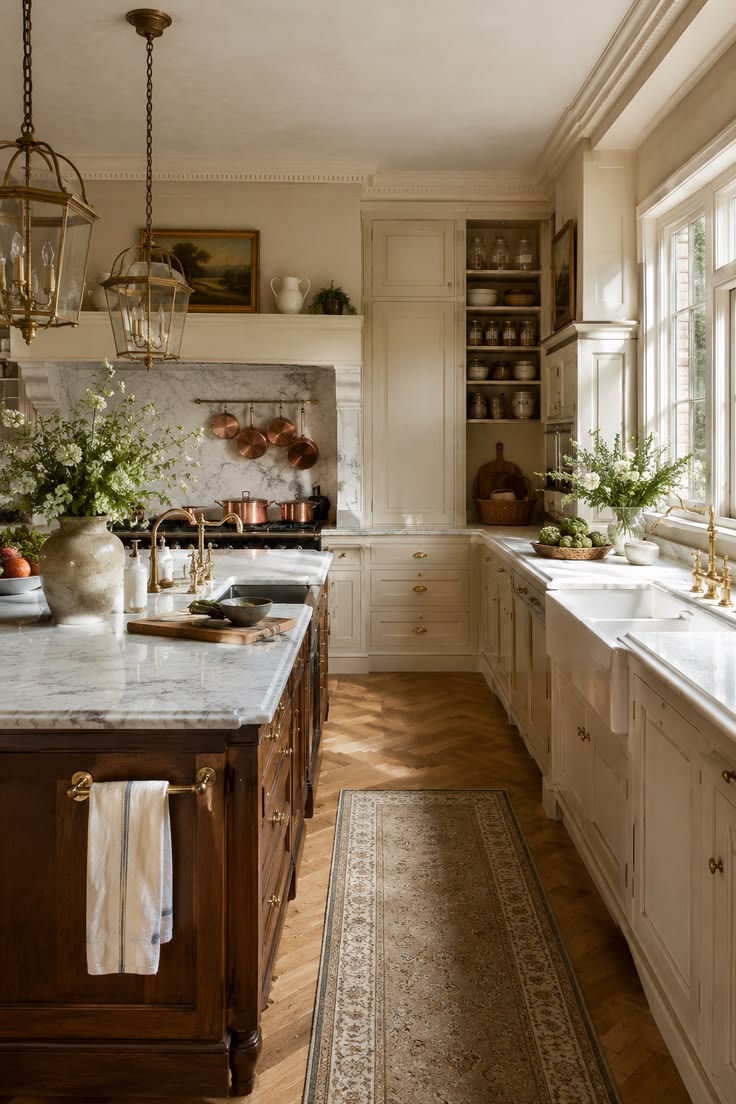 English country kitchen with painted cabinetry and garden flowers in a jug