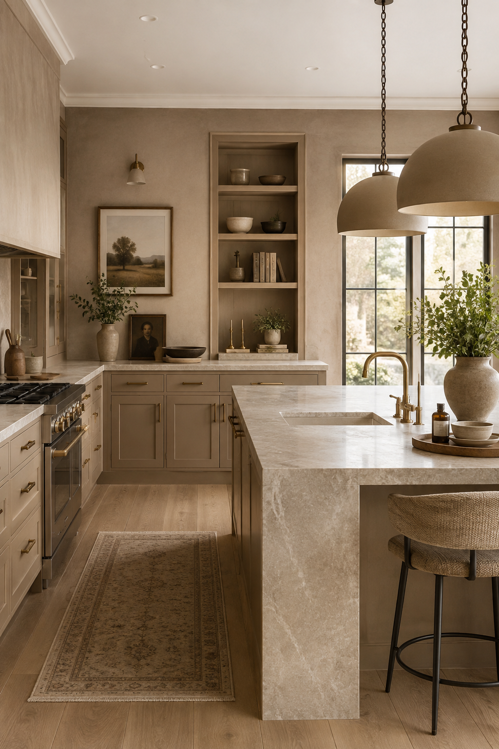 Mushroom taupe kitchen cabinetry with marble counter and warm sunlight