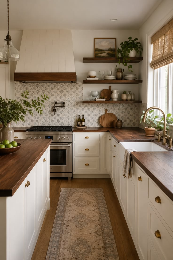 Walnut kitchen with rich wood cabinetry and natural stone countertops