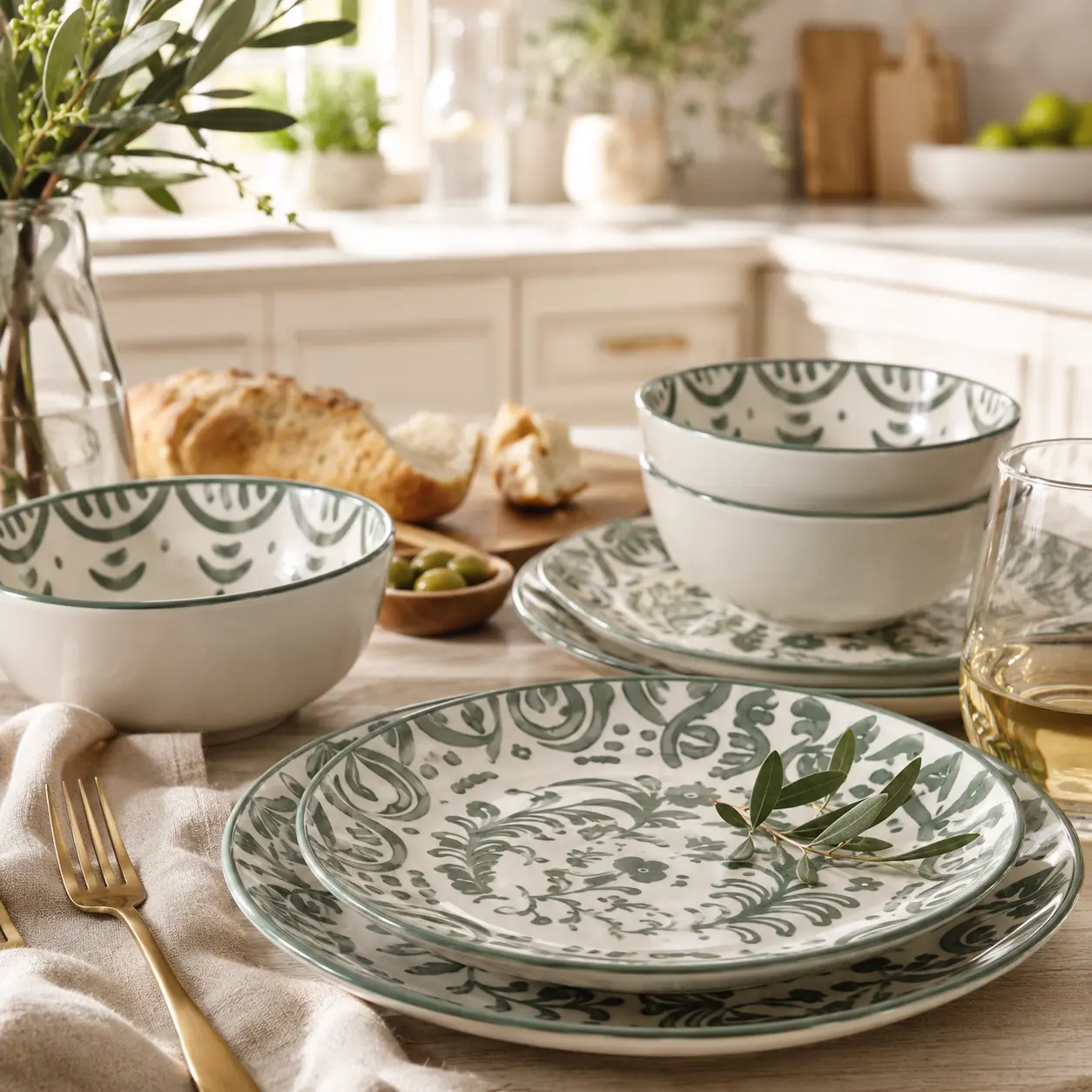 Green patterned ceramic plates and bowls on a linen-dressed table