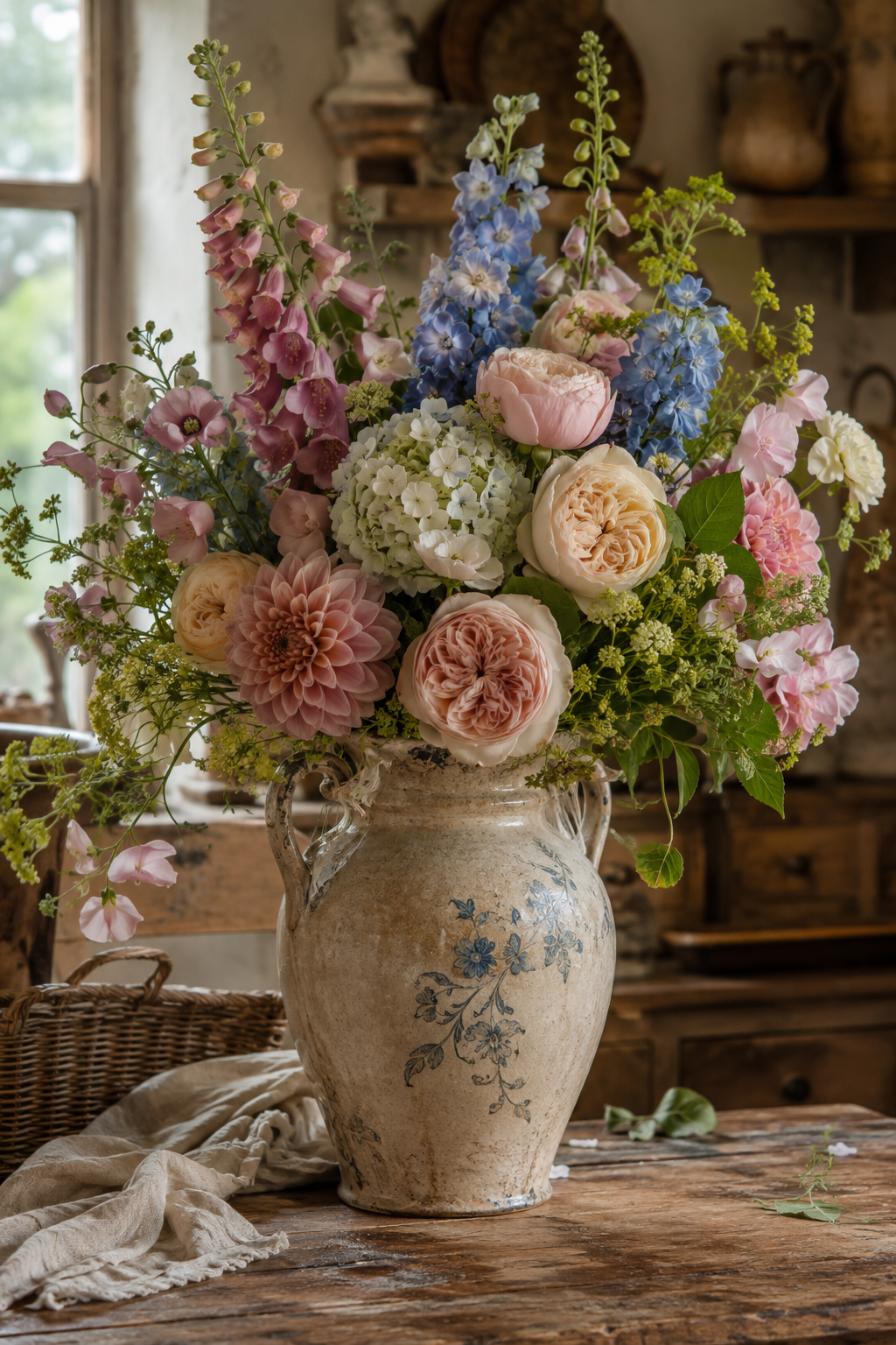 Garden roses and cow parsley arranged loosely in a ceramic jug
