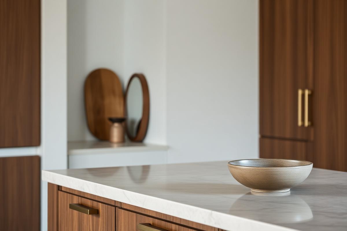 Walnut cabinetry with a pale stone counter and single ceramic bowl
