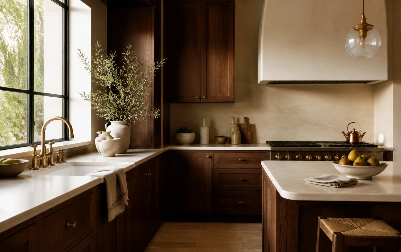 Warm walnut kitchen with cream stone counters, brass fixtures and olive branches