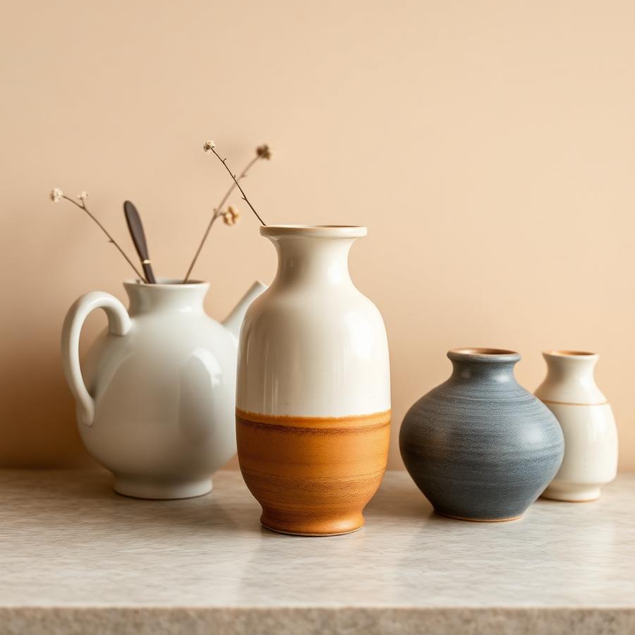 Handmade cream ceramic vases grouped on a stone kitchen counter