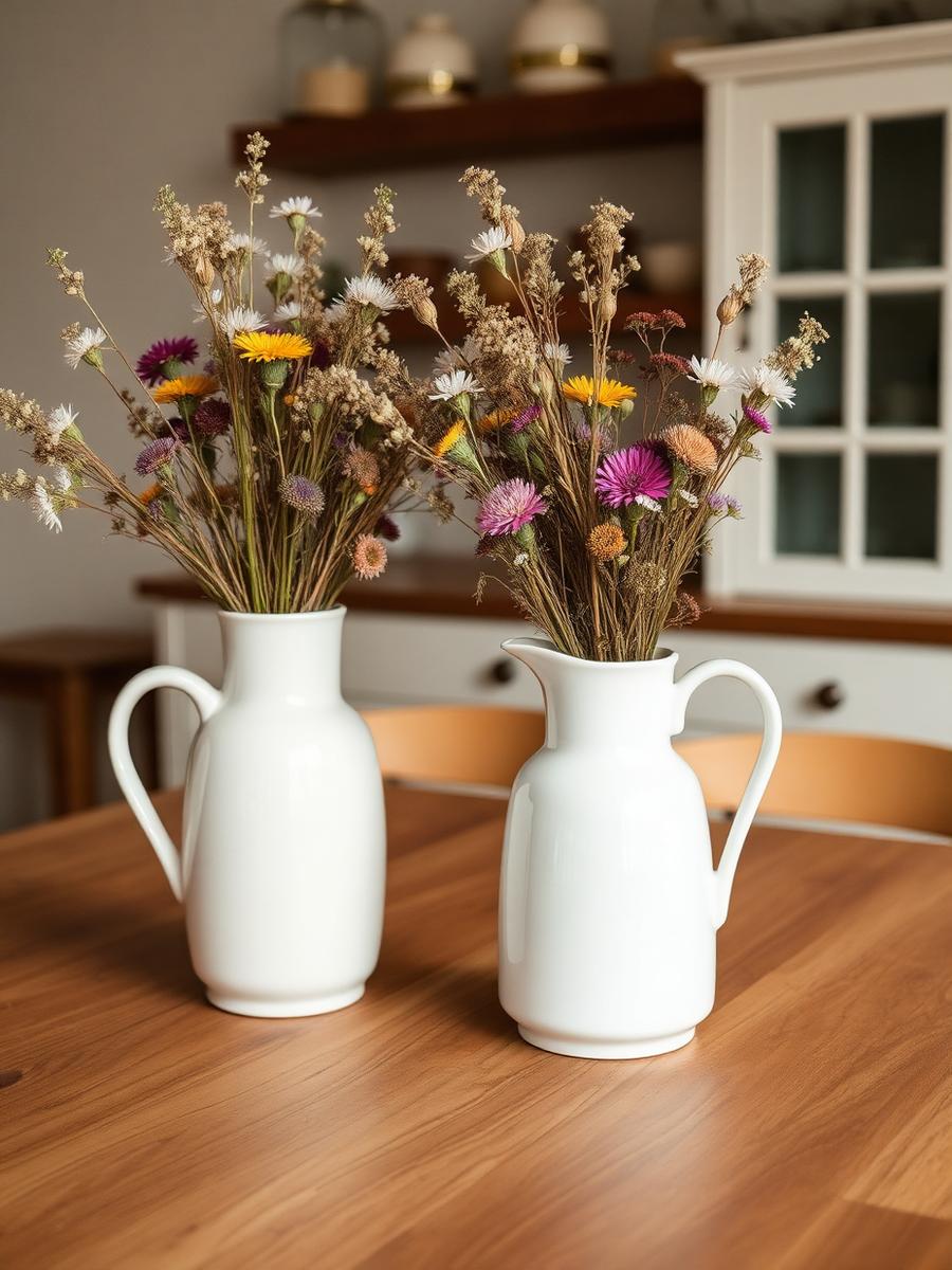 Cream stoneware pitchers holding dried wildflowers on a wooden table